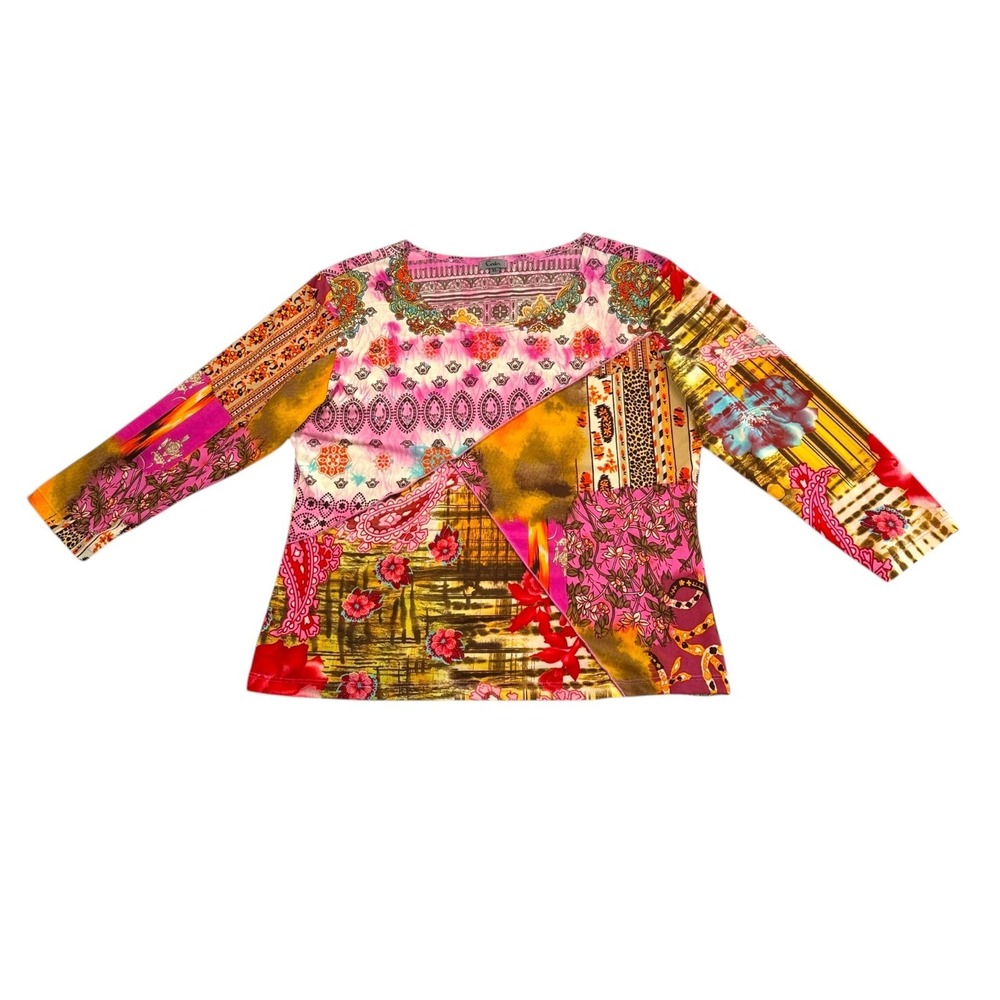 Y2K Caia Patchwork Print Top Sz XL Pink Stretch Boho Indie Hippie Cottage Folksy - Picture 5 of 8